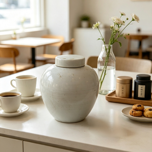 Barattolo Rustico in Ceramica Bianco Sporco con Coperchio, Contenitore Rotondo Semplice in Terracotta con Coperchio per Arredamento Soggiorno o Ingresso Stile Fattoria - Product Image 6