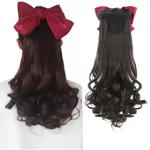 Cute and Stylish Red Bow Ponytail Extensions for Women and Girls Long and Curly Synthetic Fiber Hair Extensions Hair Accessories