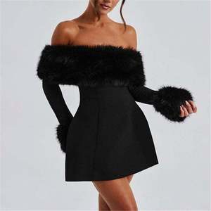 Mini abito da donna a <span class=keywords><strong>maniche</strong></span> <span class=keywords><strong>lunghe</strong></span> con rifiniture in pelliccia sintetica-stile Sexy e di lusso per feste e occasioni speciali - Product Image 2