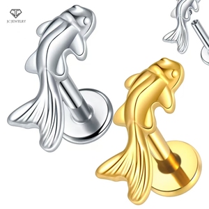 Boucles d'oreilles en titane G23 16G, <span class=keywords><strong>double</strong></span> CZ, forme de poisson, à dos plat, pour <span class=keywords><strong>piercing</strong></span> d'<span class=keywords><strong>oreille</strong></span>, labret, hélix, <span class=keywords><strong>tragus</strong></span>, bijoux de fête - Product Image 1