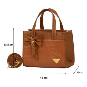 Bolso Bandolera Fana Lara Camel, Cuero Genuino con Patrón de Cocodrilo, Decoración con Lazo, Asa Única, Estilo Vintage, Uso Diario - Product Image 4