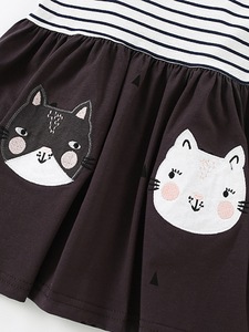 Abito a maniche lunghe per bambine - Top a righe con gonna con stampa di gatti, abito casual a blocchi di colore per bambine primavera autunno - Product Image 4