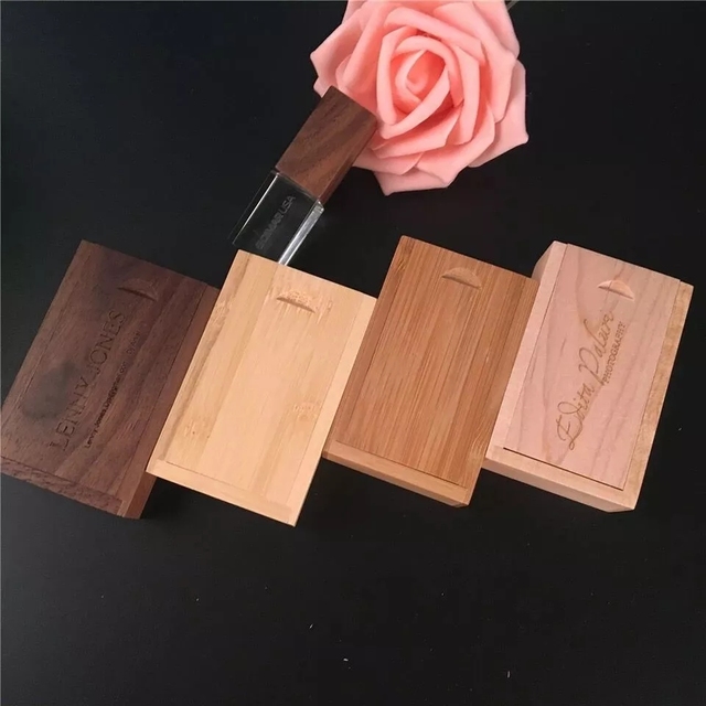 Custom Wood Logo Crystal Usb Stick USB Flash Drive 2.0 3.0 Glass Pendrive LED Light Wedding Gift Box 2 Gb 8Gb 16Gb 32Gb 64gb 128