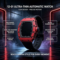 Montre 12-01 en fibre de carbone noire et rouge personnalisée, toute neuve, montre mécanique automatique de luxe haut de gamme pour hommes d'affaires