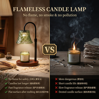 Lampe chauffe-bougie en verre vert style forêt, bras en métal noir mat réglable en hauteur, base en bois irrégulière en forme de nuage