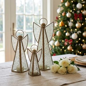 2026 <b>Christmas</b> & Easter Angel Shape Brass Glass <b>Tea</b> <b>Light</b> Candle Holders in 3 Sizes Handmade Lead Free for Tabletop Home Decor - Product Image 2