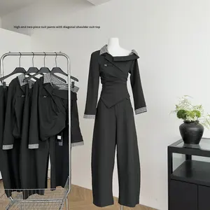 Ensemble deux pièces haut et pantalon haut de gamme <span class=keywords><strong>Youni</strong></span>, style coréen original, à carreaux, manches longues, coupe asymétrique à l'épaule, taille ajustée - Product Image 6