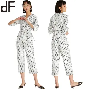 Guangzhou Factory Customized High Quality White Polka Dot Print Fashion Slim Casual Pants Office Lady Wear Jumpsuits