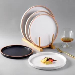 2023 new design black melamine table plates sets round black slate plate stock dishes