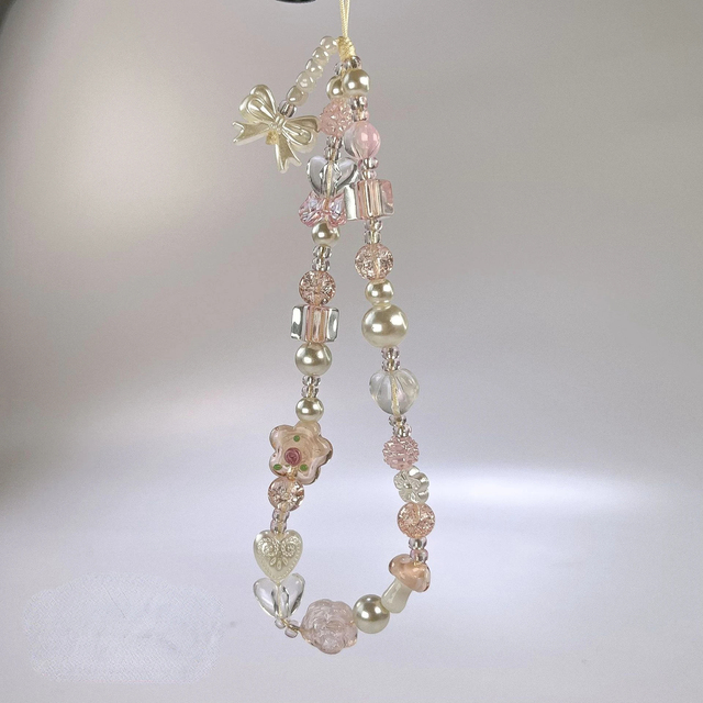 Y2K Glass Flower Bead Phone Strap Charm Chain Knot Cellphone Lanyard Keychain Woman Girl Bag Camera Pendant for Airpods Case