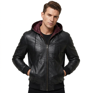 <b>Mens</b> <b>Real</b> <b>Black</b> Leather Hooded Jacket Burgundy Lining Bomber Cowhide Coat Rib Knit Cuff Custom Classic Winter Warm Outwear Style - Product Image 1