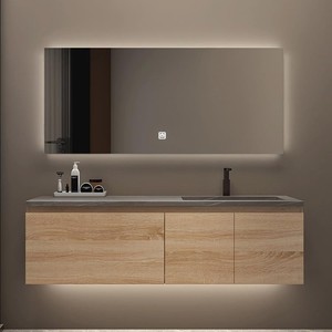 Meuble de salle de bain intelligent couleur bois, armoire de rangement minimaliste avec miroir, lavabo intégré en ardoise - Product Image 1