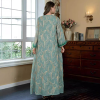 Abaya musulmane en polyester brodé or, maille respirante, col en V, poignets à plumes, kaftan, robe de soirée islamique modeste, pour femmes du Moyen-Orient