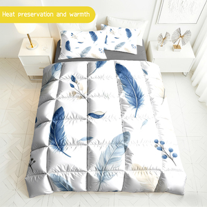 Ensemble de literie 3 pièces en microfibre de qualité supérieure, imprimé plumes, respirant, doux pour la peau, toutes saisons, couette et taies d'oreiller chaudes et lavables - Product Image 6