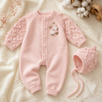 Combinaison en coton doux tricoté pour bébé KAIYUE avec bonnet et moufles, motif floral ajouré, tenue pour nouveau-né pour marques de boutiques, OEM ODM, vente en gros