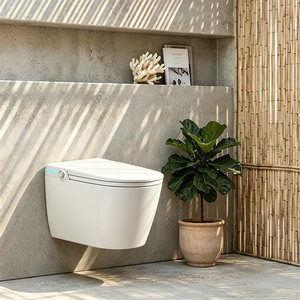 Inodoro inteligente alargado sin borde, suspendido en la pared, con bidé cerámico, descarga con sensor de pie, control remoto y asiento calefactado, para proyectos hoteleros europeos. - Product Image 2