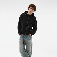 Sweat-shirt à capuche zippé noir délavé pour homme, avec rivets métalliques, coupe courte et ample, en coton, style streetwear, logo personnalisé