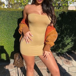 时尚服装批发纯色性感紧身脱肩管迷你连衣裙 - Product Image 3