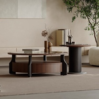 Ensemble de tables basses rondes gigognes en marbre avec plateau en noyer et tiroir de rangement, table d'appoint 2-en-1, style moderne et minimaliste pour villa, chambre d'hôtes, bureau