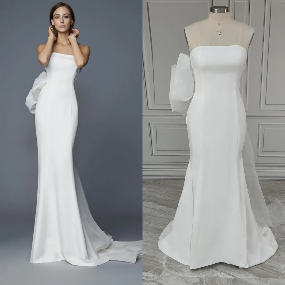 15497# Real Photos Simple Strapless Low Back Mermaid Wedding Dress Bridal Gown For Women With Organza Pleat Sweep Train