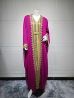 Ensemble élégant en polyester avec broderie en dentelle dorée, abaya ouverte, deux pièces, col en V, robe maxi kaftan musulmane pour les occasions de fête formelles