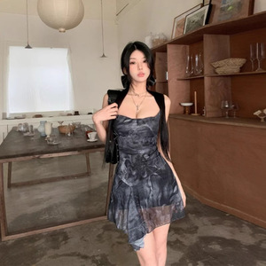 Summer Spaghetti Strap Dress For Women Natural Waist Asymmetric Print Party Casual Short Skirt Irregular Design - Product Image 1