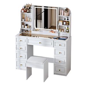 Coiffeuse de 43 pouces <span class=keywords><strong>avec</strong></span> miroir et lumières et prise de courant, plateau en verre, 9 tiroirs, grande coiffeuse, tabouret, ensemble de coiffeuse - Product Image 1