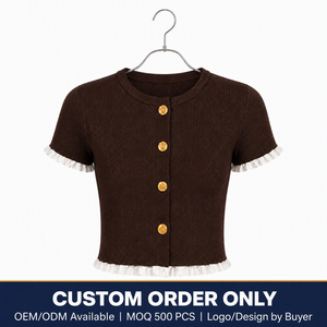 <span class=keywords><strong>Cardigan</strong></span> Donna Estivo Vintage in Maglia a Costine <span class=keywords><strong>Marrone</strong></span> Scuro con Volant e Maniche Corte, Personalizzabile OEM ODM con Logo Personalizzato da Immagine - Product Image 1