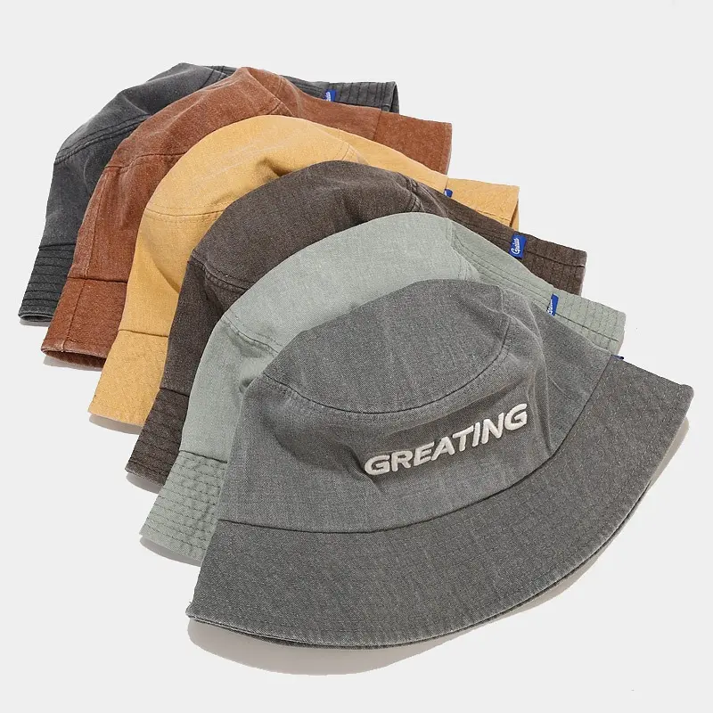 OEM Custom Men Women Plain 3D Puff Embroidery Logo Stone Washed Cotton Fisherman Cap,Dyed Vintage Solid Color Bucket Hat