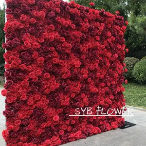 R-165 Wedding Supplier Silk 3D Artificial Flower Wall For Wedding Backdrop Decoration Cloth Back Roll Up Red Rose Flower Wall