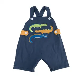 Baby boys summer smock clothes toddler boy alligators applique navy blue romper little brother matching short overall