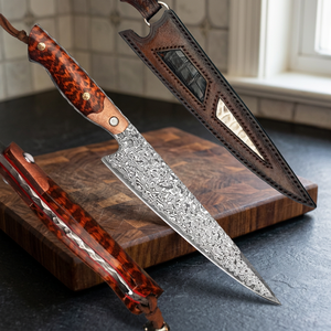 Couteau de chef en acier Damas, lame de 12 pouces, style japonais, manche en bois avec étui en cuir, pour droitier, motif forgé - Product Image 3