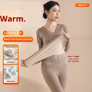 Cachemire soie <span class=keywords><strong>sous</strong></span>-<span class=keywords><strong>v</strong></span>êtement <span class=keywords><strong>thermique</strong></span> femmes automne hiver doublé polaire épais respirant tricoté genou Protection ventre contrôle - Product Image 1