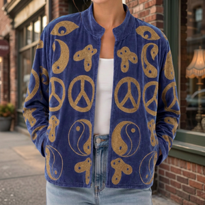 Blue <b>Velvet</b> Bomber <b>Jacket</b> <b>Women</b> Geometric Peace Yin Yang Embroidered Stand Collar Autumn Outerwear Full Sleeve Regular Fit - Product Image 6