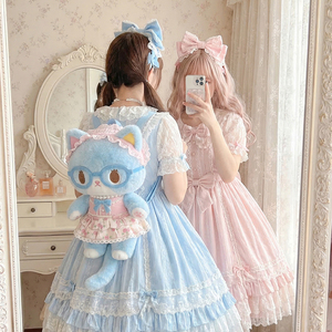 Zaino Peluche Gatto Blu Kawaii <span class=keywords><strong>Yuki</strong></span> con Occhiali, Borsa Morbida in Peluche, Zaino Moda Lolita per Ragazze - Product Image 1