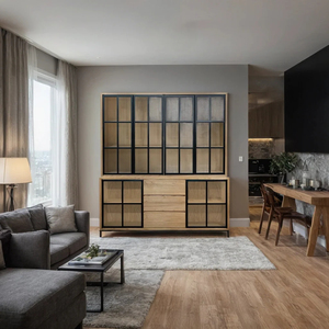 Buffet et hutch, 3 tiroirs, 6 portes vitrées, teck recyclé |   Vitrine en verre pour curiosités |   Étagère, vitrines et présentoirs pour loisirs créatifs - Product Image 2