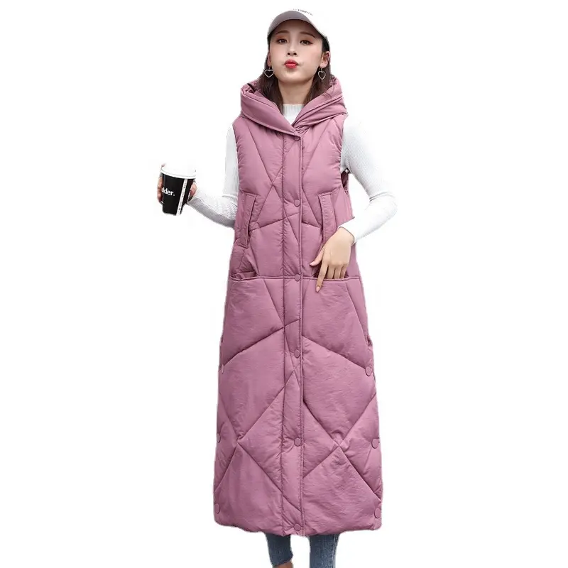 Women Puffer Vest Plus Size Length Sleeveless Lightweight with Zipper Button Quilted Hooded Gilet Ladies Long Quilted Vest
