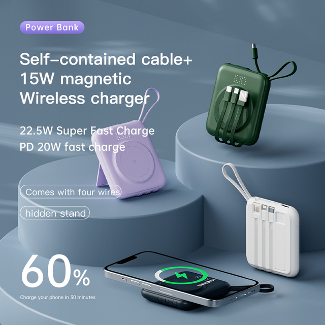 Magnetic Power Bank 10000mAh Super Fast Charging 22.5W with Built-in Four Wire Bracket Mobile Power Bank