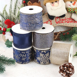 Pita Kawat Organza Satin Bergaris Biru Champagne 2,5 Inci yang Dikustomisasi Pabrik untuk Dekorasi Hadiah Natal - Product Image 1