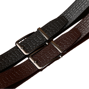 Ceinture en cuir noir avec motifs crocodile embossés, style vintage, boucle automatique pour homme, usage formel professionnel - Product Image 1