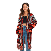 Vendita calda all'ingrosso aztec manica lunga spessa frangia lunga maglione colorato donna cardigan maglione cardigan occidentale lavorato a maglia retrò