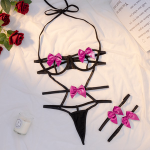 Set di biancheria intima a forma di fiocco Sexy con bordo trivellante perizoma per le gambe in Europa e in America allettante e divertente Set 3 pezzi - Product Image 3
