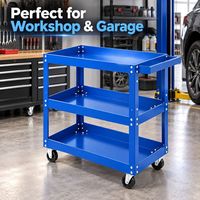 Chariot à outils à 3 niveaux en métal bleu, chariot utilitaire robuste avec étagères de rangement et roues pour garage, atelier, réparation automobile