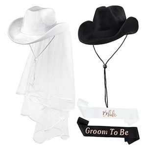 قبعة راعية بقر أبيض/أسود مع حجاب للعروس/وشاح للعريس لحفلات العزوبية ديكور زفاف ريفي دش زفاف HS1672 - Product Image 2