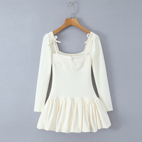 Robe courte décontractée à col carré, manches longues, couleur beige, nœud devant, pour femmes