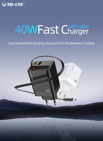 Cargador de Pared Compacto con Cable Retráctil PD de 40W, Doble USB-A+Tipo C, Enchufe Europeo, para Móviles, Venta al Por Mayor