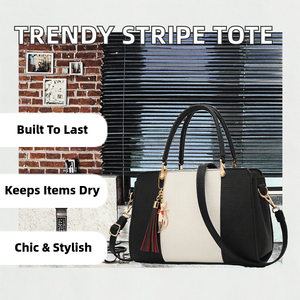 Sac fourre-tout en cuir PU à rayures contrastées tendance 2025, texture litchi, sac à main pour femme de haute qualité, prix de gros, sac à fermeture éclair - Product Image 2