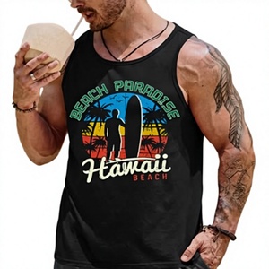 <b>Men's</b> <b>Black</b> Beach Paradise Printed Tank Top O-Neck Casual Sleeveless Breathable Polyester <b>Vest</b> Front Logo Design - Product Image 3
