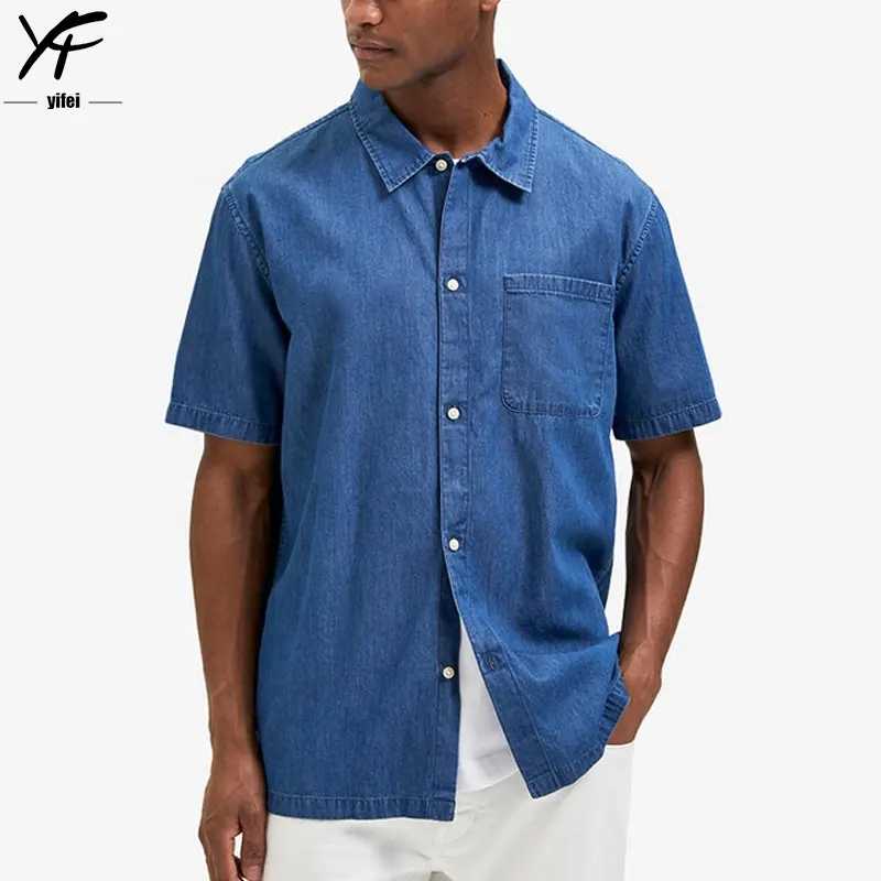 High Quality Men's Casual Short-Sleeved Summer Jeans Shirt Button Down Fashion Blank Custom Logo Breathable Men Denim Shirt