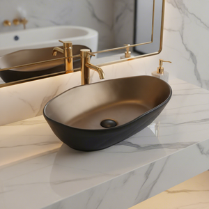 Lavabo de salle de bain ovale moderne <span class=keywords><strong>en</strong></span> <span class=keywords><strong>céramique</strong></span> noire mate de luxe à poser sur comptoir - Product Image 2